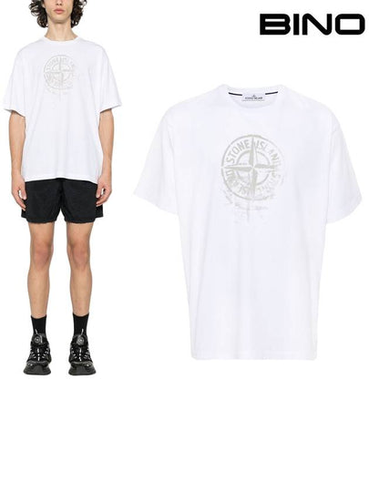 Men's Logo Print Crew Neck Short Sleeve T-Shirt White - STONE ISLAND - BALAAN 2