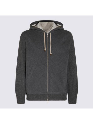 Drawstring Knit Sleeve Zip-Up Hoodie Grey - BRUNELLO CUCINELLI - BALAAN 1