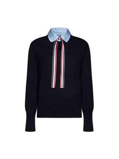 Jersey Stitch Ribbon Tie Knit Top Navy - THOM BROWNE - BALAAN 2