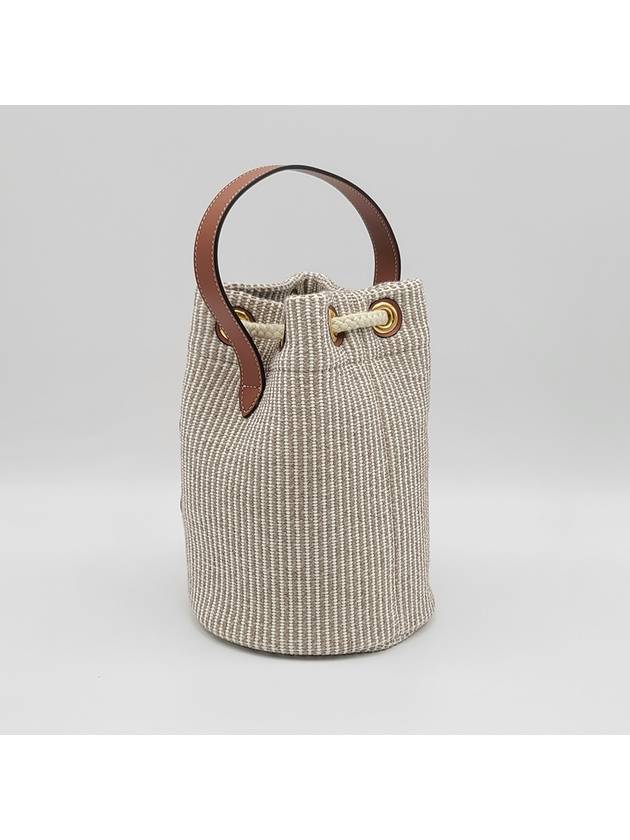 Teen Drawstring Striped Canvas Calfskin Bucket Bag Beige - CELINE - BALAAN 4