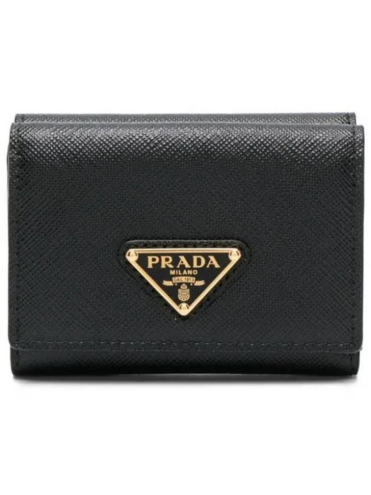 Women's Triangle Logo Saffiano Compact Half Wallet Black - PRADA - BALAAN 2