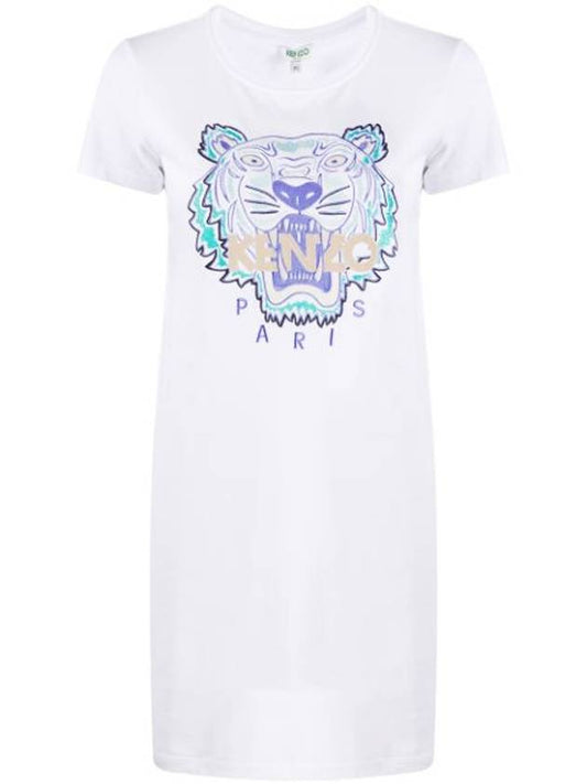 Women's Tiger Embroidery Short Dress White - KENZO - BALAAN.