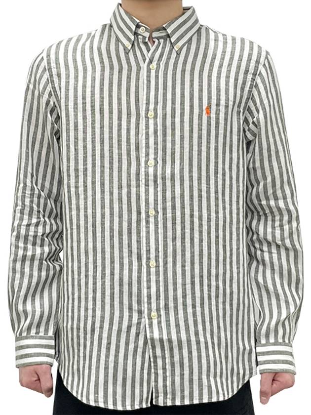 Logo Stripe Linen Long Sleeve Shirt Green - POLO RALPH LAUREN - BALAAN 2