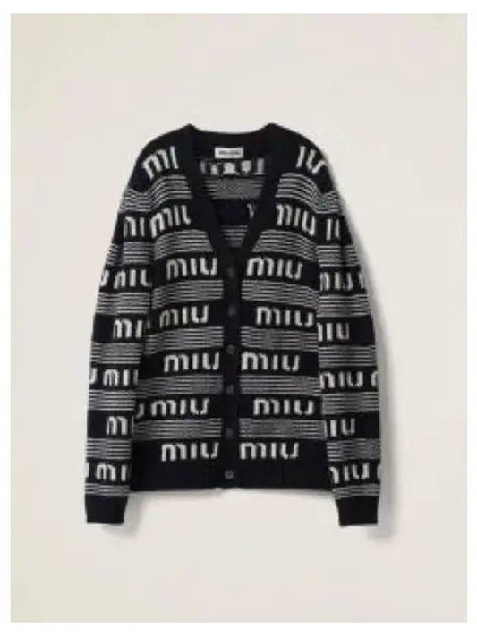 All Over Logo Stripe Cashmere Cardigan Navy White - MIU MIU - BALAAN 2