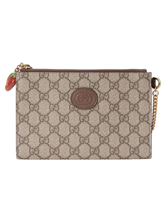 Double G Logo Patch Strawberry Clutch Bag Beige Brown - GUCCI - BALAAN 1