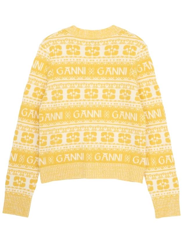 Intarsia Logo Wool V-Neck Cardigan Yellow - GANNI - BALAAN 3