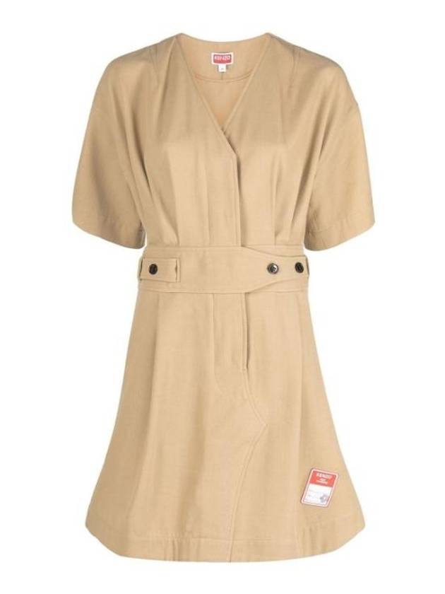 V-neck Shirt Belt Cotton Short Dress Beige - KENZO - BALAAN 2