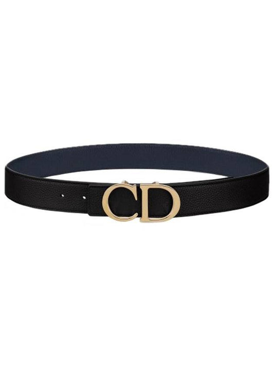 Homme CD Logo Gold Buckle Reversible Leather Belt Black Navy - DIOR - BALAAN.