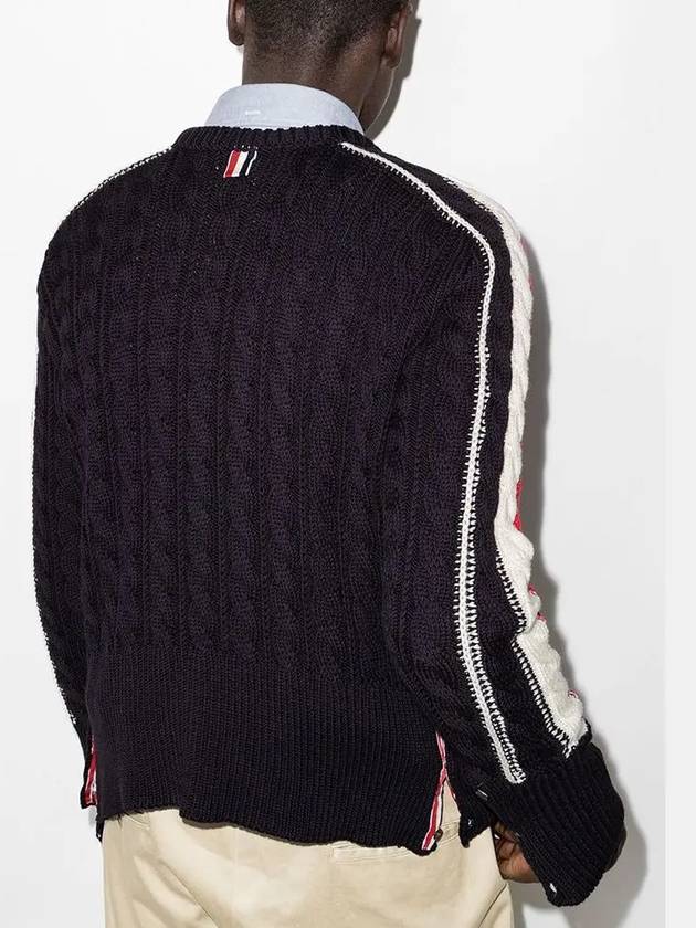 Men's Three Stripes Merino Wool Cable Knit Top Navy - THOM BROWNE - BALAAN 5