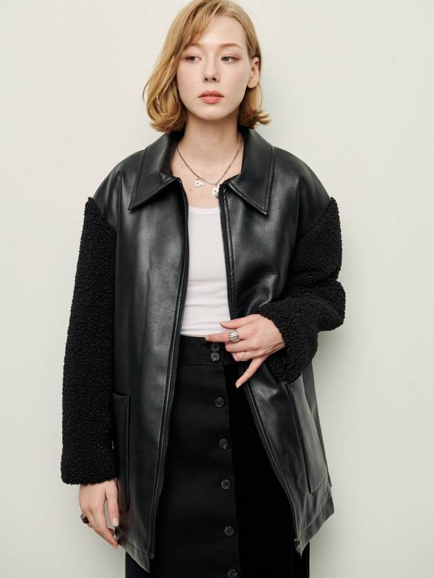 Women's Shearling Leather Zip-Up Jacket Black - PRETONE - BALAAN 3