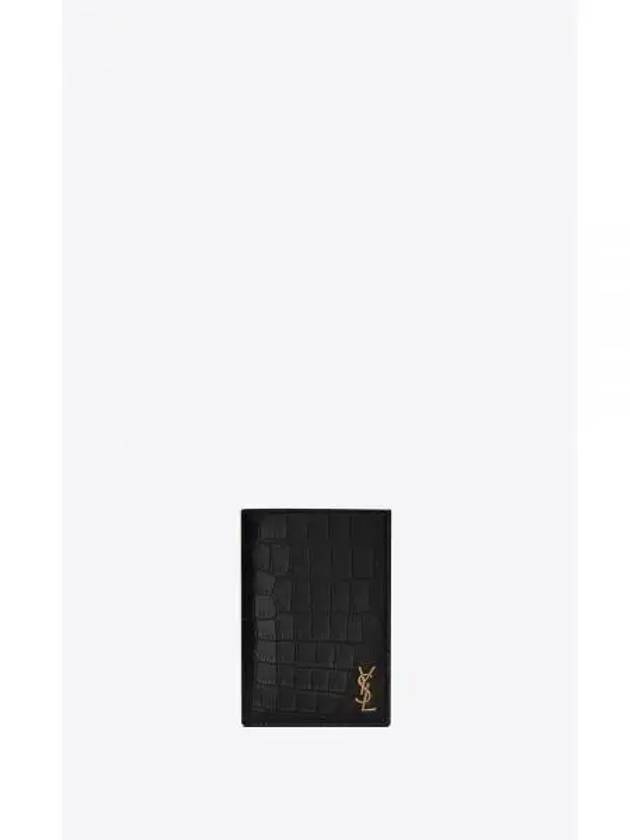 Crocodile Embossed Tiny Cassandre Monogram Half Wallet Black - SAINT LAURENT - BALAAN 2