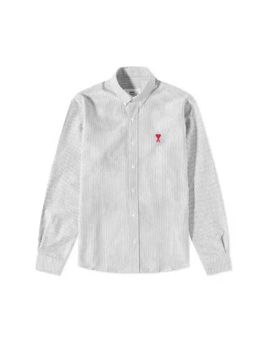 Embroidered Heart Logo Stripe Long Sleeve Shirt Black White - AMI - BALAAN 2