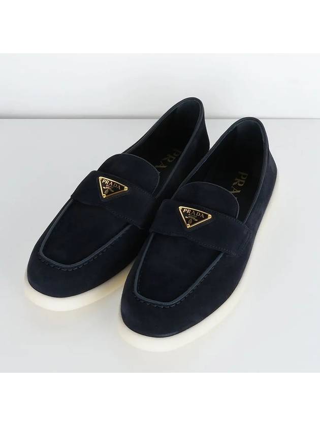 Triangle Logo Suede Leather Loafers Navy - PRADA - BALAAN 3