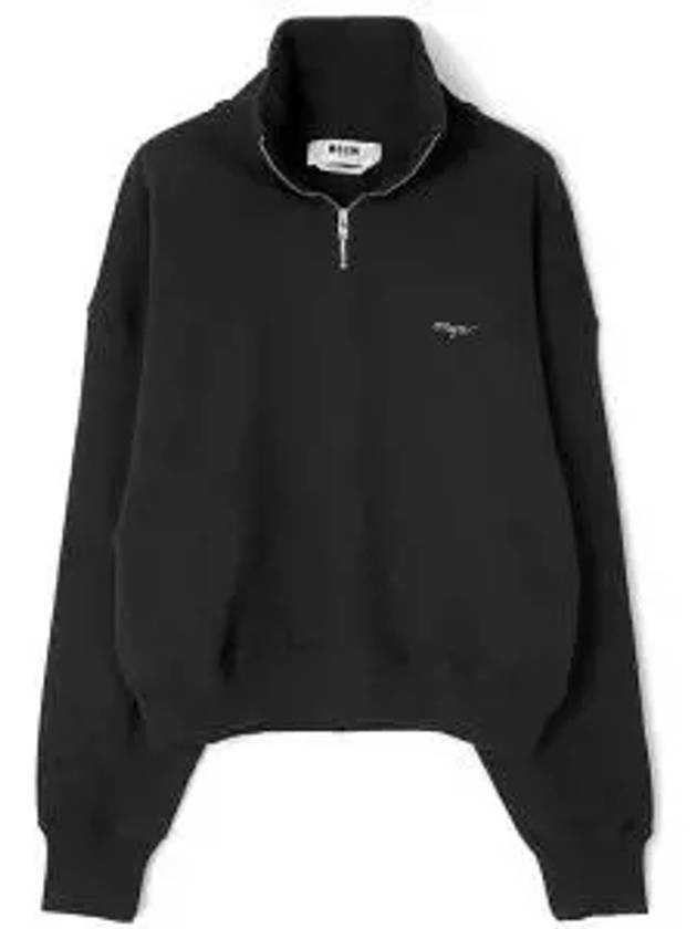 Embroidered Logo Half Zip Cotton Sweatshirt Black - MSGM - BALAAN 2