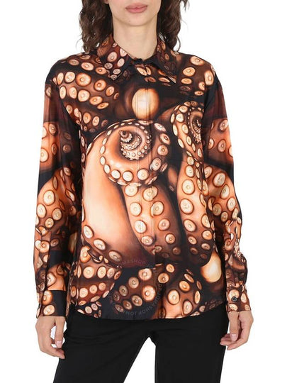 Silk Twill Octopus Print Long Sleeve Oversized Shirt in Brown - BURBERRY - BALAAN 2