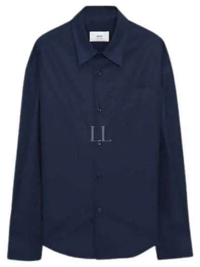 Chest Pocket Boxy Fit Poplin Long Sleeve Shirt Navy - AMI - BALAAN 2