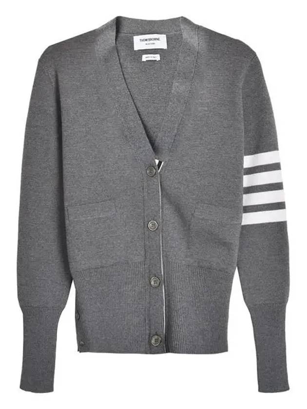 Milano Stitch 4 Bar Classic V Neck Fine Merino Wool Cardigan Medium Grey - THOM BROWNE - BALAAN 7