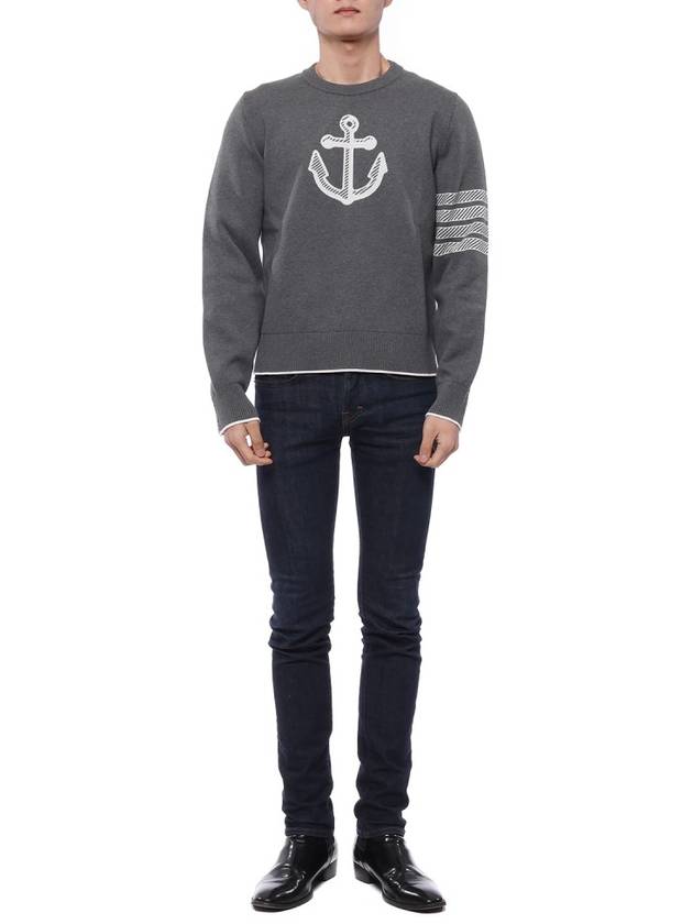 Men's Anchor Jacquard 4-Bar Crew Neck Knit Top Med Grey - THOM BROWNE - BALAAN 4