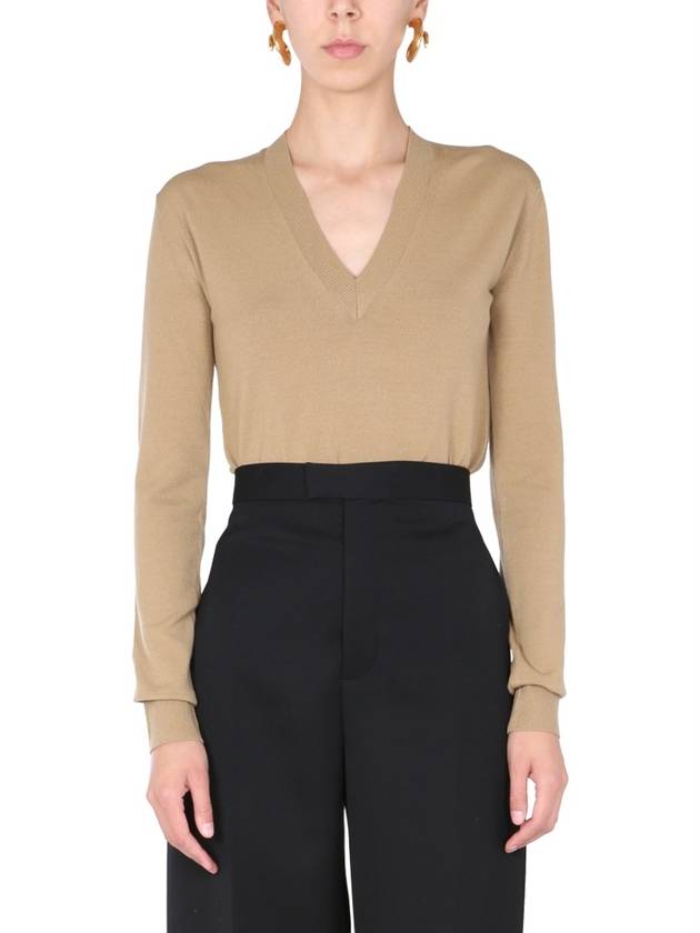 Wool V-neck Stretch Knit Brown - BOTTEGA VENETA - BALAAN 2