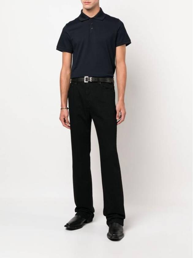 Men's Monogram Cotton Short Sleeve Polo Shirt Navy - SAINT LAURENT - BALAAN 4