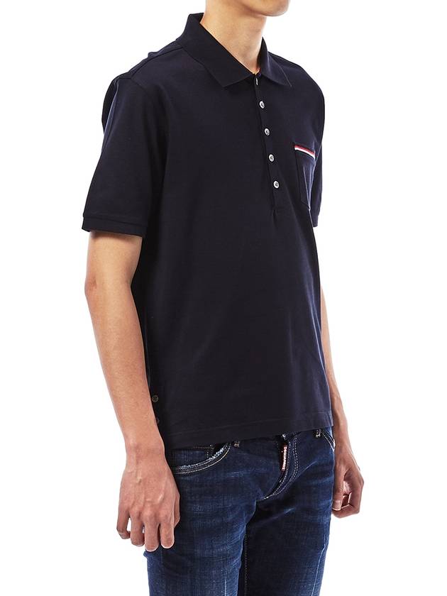 Men's Three Stripes Pocket Mercerized Short Sleeve Polo Shirt Navy - THOM BROWNE - BALAAN 5