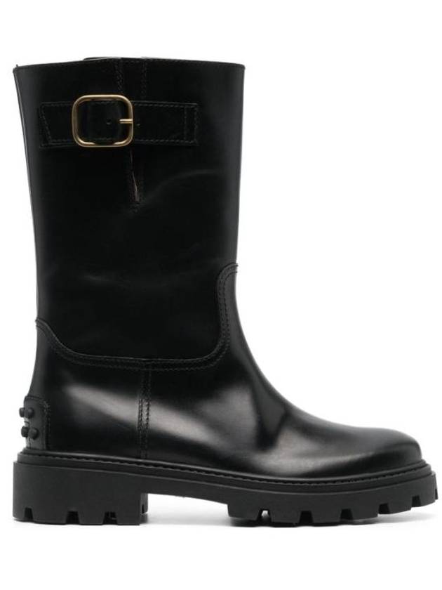 Women's Buckle Detail Leather Middle Boots Black - TOD'S - BALAAN 1