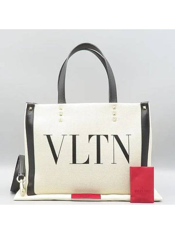 UW2B0H19FWB White canvas leather trimming Garavani Rockstud decoration logo print shopper tote bag shoulder strap 2WAY - VALENTINO - BALAAN 1