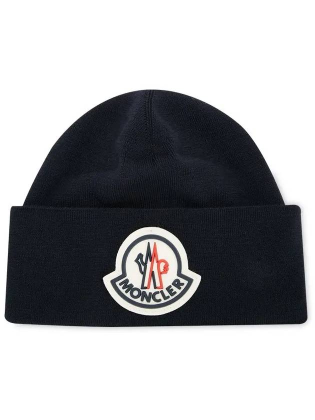 Maxi Logo Patch Wool Navy Beanie 9Z73600 A9526 742 - MONCLER - BALAAN 3