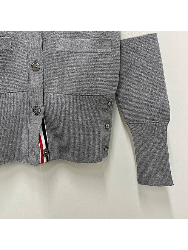 Milano Stitch 4 Bar Classic V Neck Fine Merino Wool Cardigan Grey - THOM BROWNE - BALAAN 7