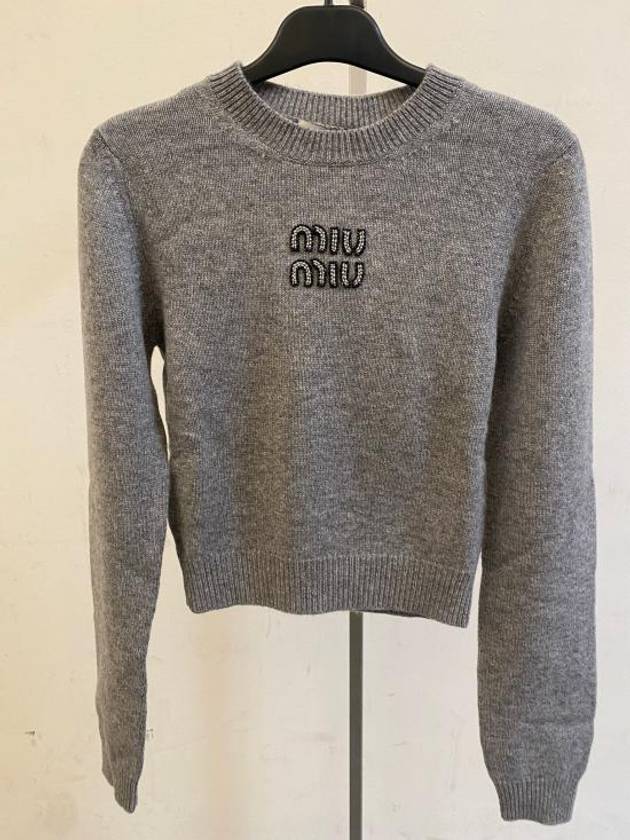 Embroidered Logo Cashmere Knit Top Grey - MIU MIU - BALAAN 2