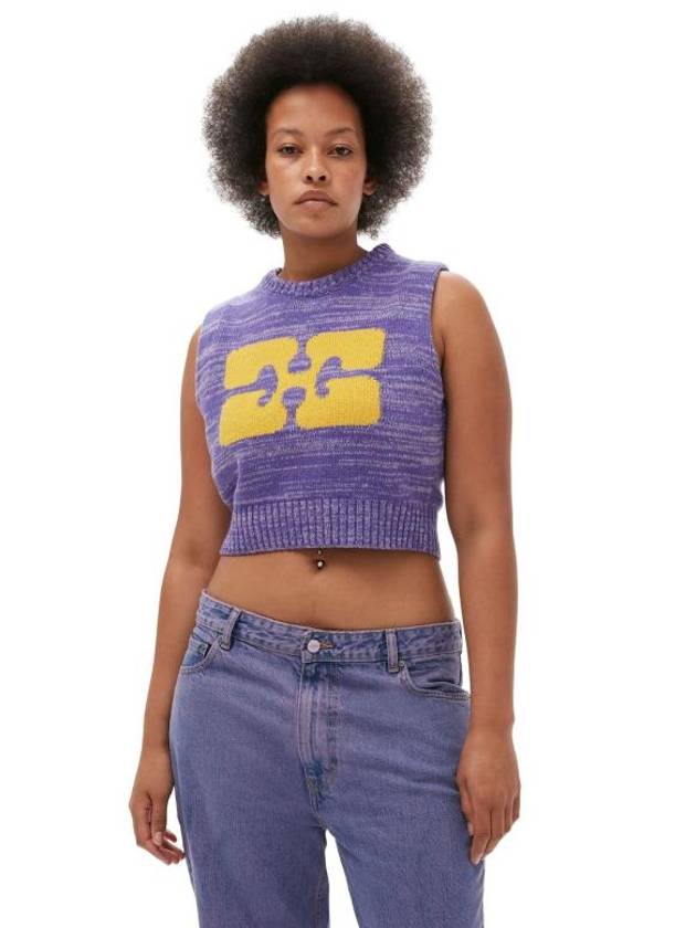 Logo Graphic Cropped Wool Vest Purple - GANNI - BALAAN 4