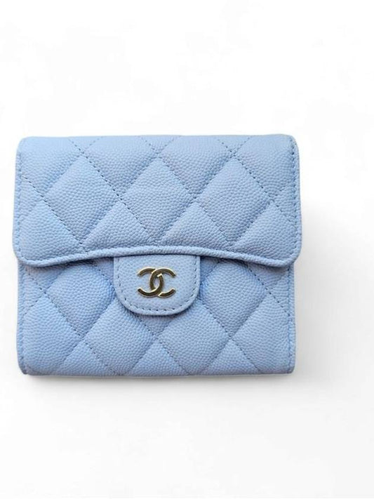 classic gold CC logo caviar halfwallet light blue - CHANEL - BALAAN.