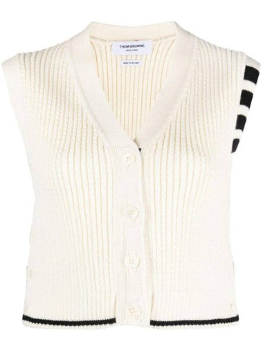 4-Bar Cropped Cable Merino Wool Cardigan Vest White - THOM BROWNE - BALAAN 1