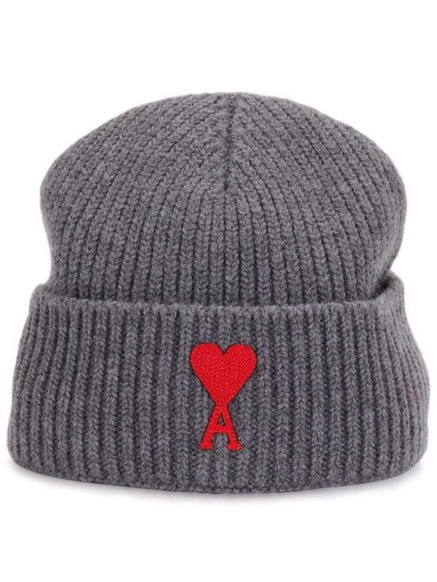 Heart Logo Embroidered Wool Beanie Gray - AMI - BALAAN.