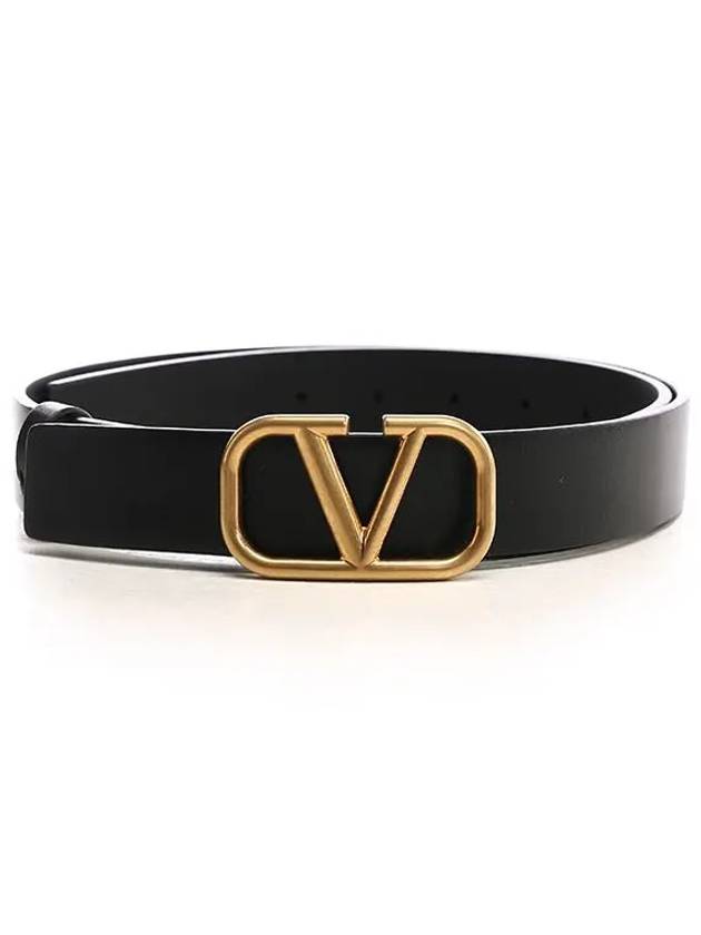 Gold V Logo Signature Leather Belt Black - VALENTINO - BALAAN 2