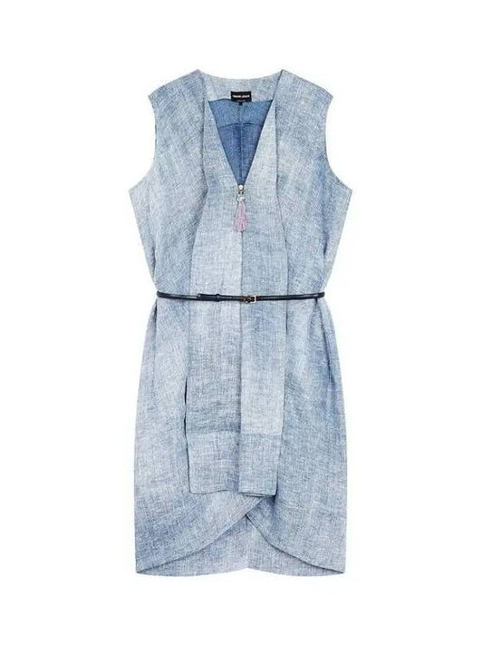 8th Anniversary Last Armani 9 7 8 Women s Belted V neck Linen Dress Light Indigo - GIORGIO ARMANI - BALAAN 1