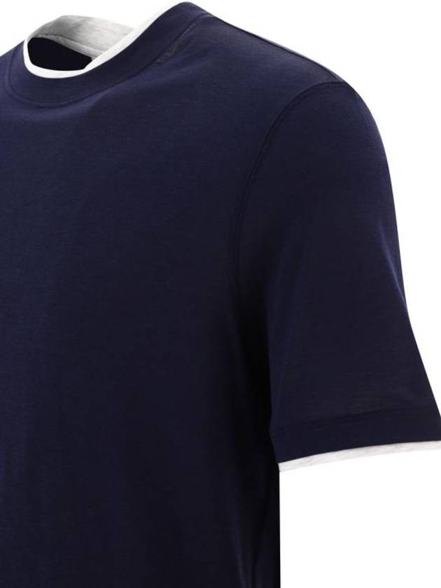 Double Layer Crew Neck Cotton Silk Short Sleeve T-Shirt Dark Blue - BRUNELLO CUCINELLI - BALAAN 5