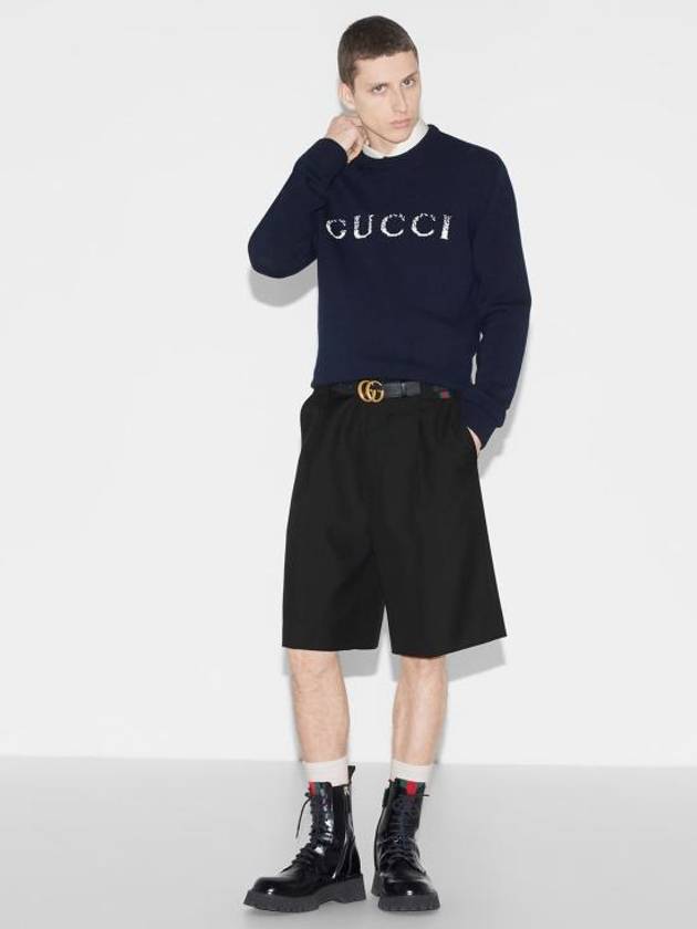 Intarsia Wool Sweater Dark Blue - GUCCI - BALAAN 3