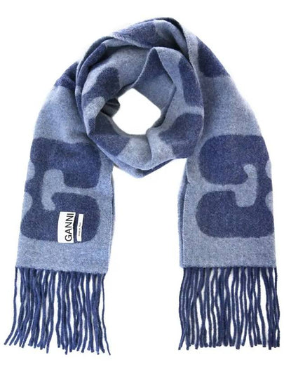 Fringe Detail Wool Scarf Blue - GANNI - BALAAN 2