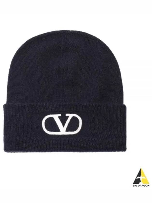 V Logo Turn-Up Wool Beanie Navy - VALENTINO - BALAAN 2