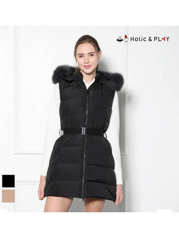 Women s Fox Fur Hood Horizontal Quilted Long Down Vest HD4WVT003 - HOLIC&PLAY - BALAAN 1