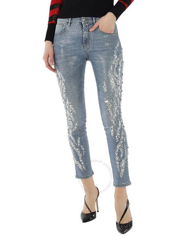 Roberto Cavalli Ladies Blue Cotton Denim Crystal Embroidery Skinny Jeans, Brand Size 42 (US Size 8) - ROBERTO CAVALLI - BALAAN 1