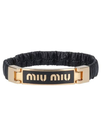 Women's Gold Logo Nappa Leather Bracelet Black - MIU MIU - BALAAN 1