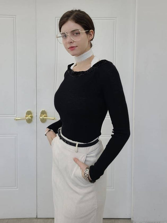 e Women's Angora Ribbon Halter Neck Style Tight Knit Top Black - PRETONE - BALAAN 1