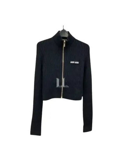 Logo Patch Rib High Neck Zip-Up Wool Cardigan Black - MIU MIU - BALAAN 2