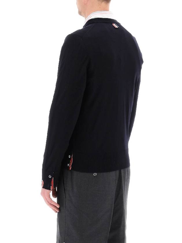 Intarsia Stitch Crew Neck Merino Wool Knit Top Navy - THOM BROWNE - BALAAN 5