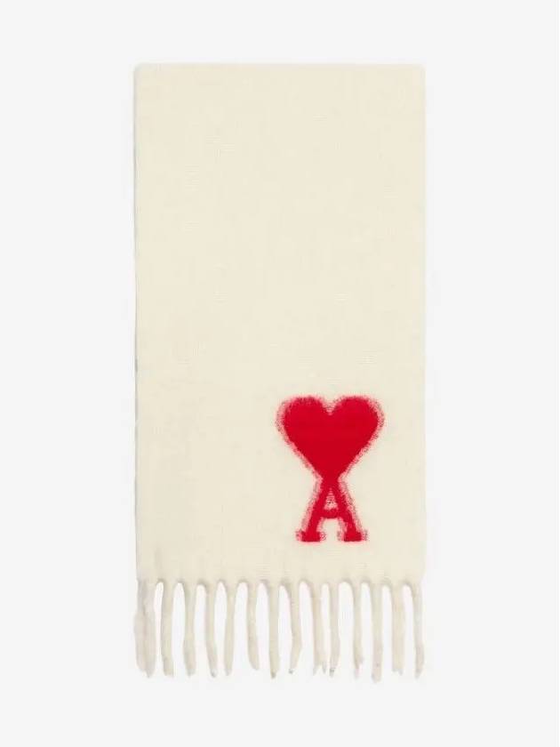 Heart Logo Oversized Wool Fringe Scarf Off White - AMI - BALAAN 2