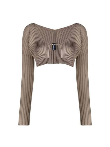 La Maille Pralu Micro Charm Logo Cardigan Dark Beige - JACQUEMUS - BALAAN 1