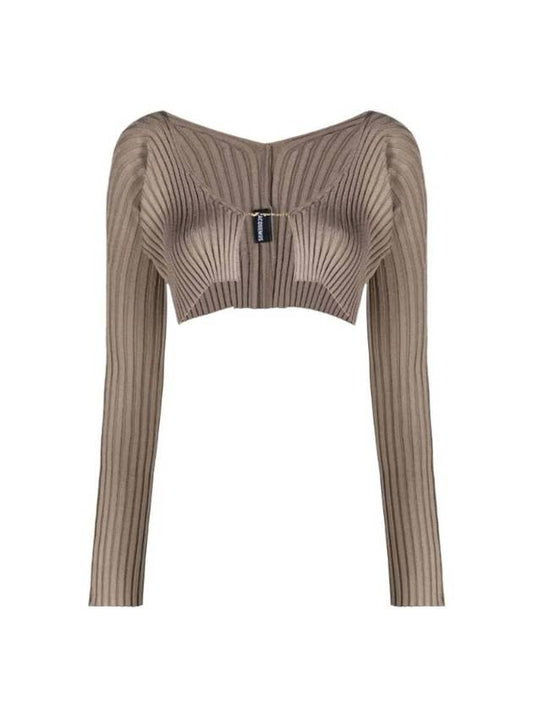 La Maille Pralu Micro Charm Logo Cardigan Dark Beige - JACQUEMUS - BALAAN 1