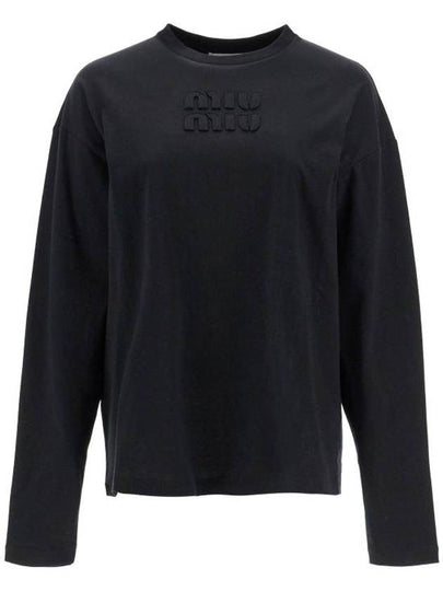 Logo Embroidered Cotton Long Sleeve T-shirt Black - MIU MIU - BALAAN 2